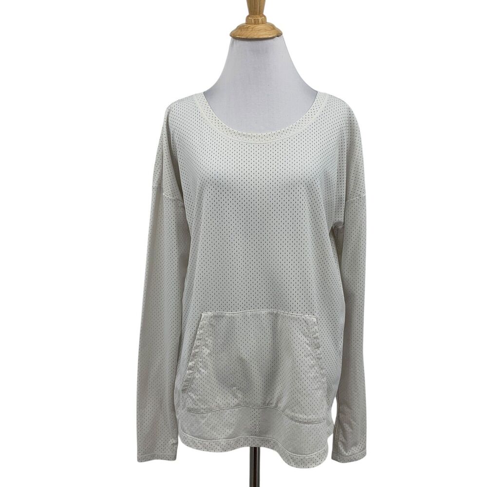 Lole Shirt Womens L Large White Stretch Long Sleeve Mesh Kangaroo Pocket Vented